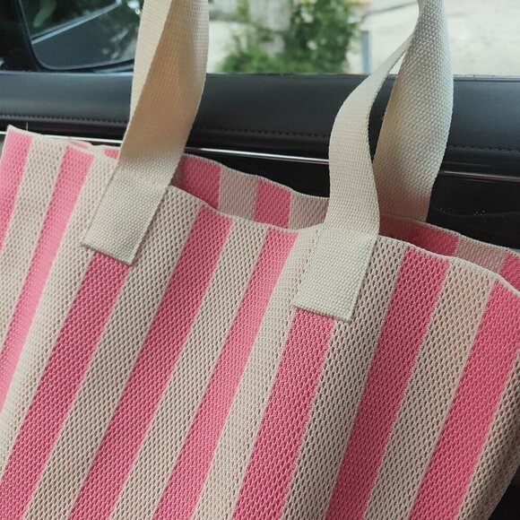 Pink Women's Fashion Striped Contrast Color Tote Bag - Picture 4 of 6
